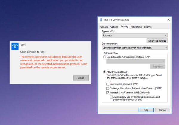 VPN on Windows 10: Selected Authentication protocol not permitted on the remote access server